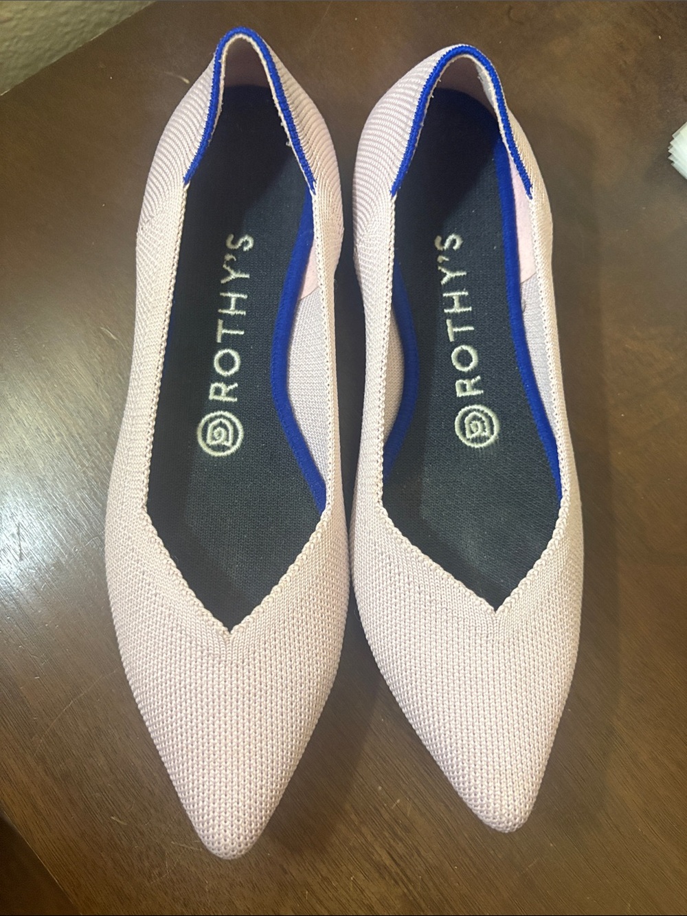 Rothy's Pink Pointed Knit Flats with Blue Trim
